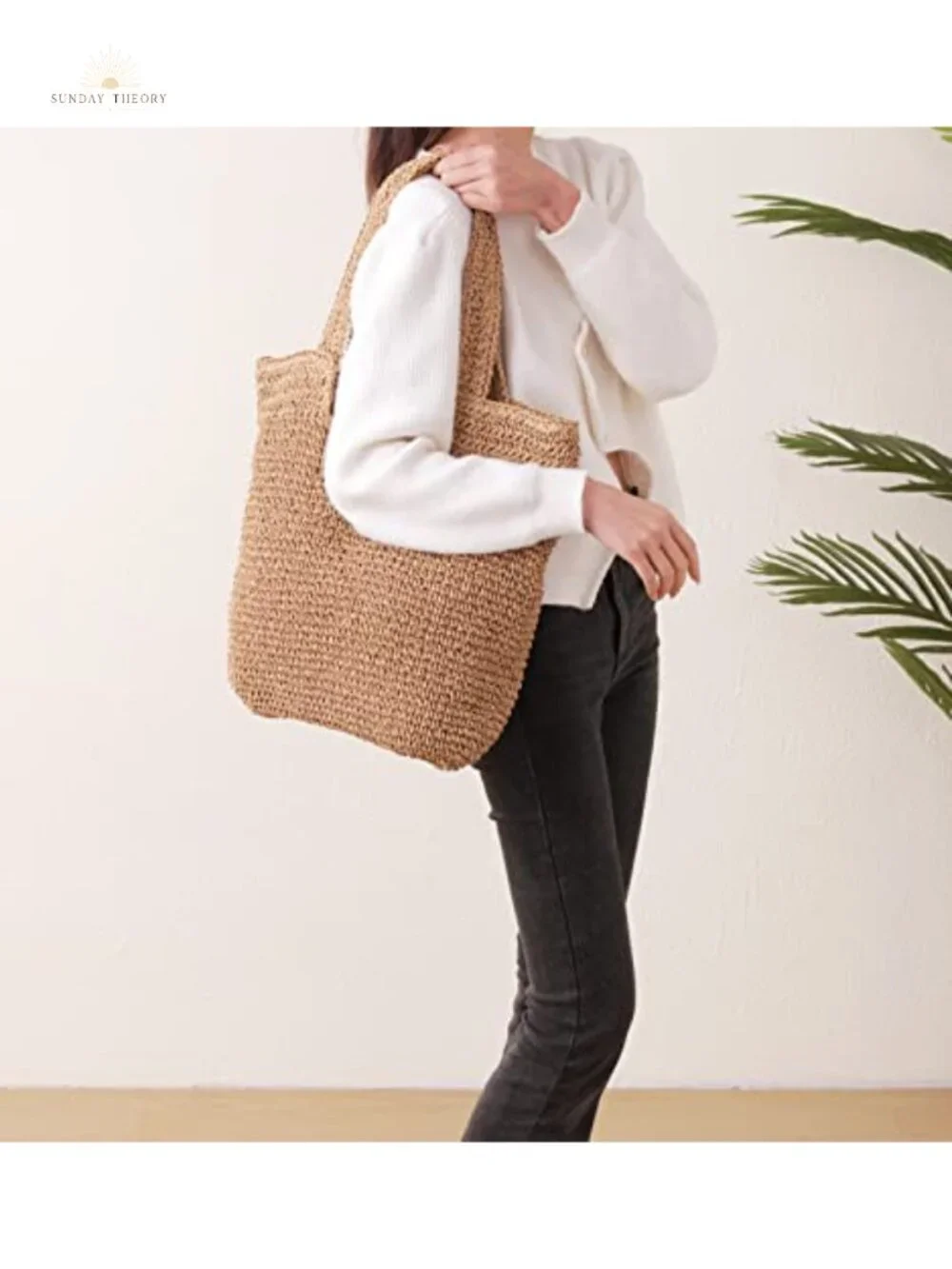 Handwoven Straw Shoulder Bag Summer Beach Tote with Zipper Large Capacity